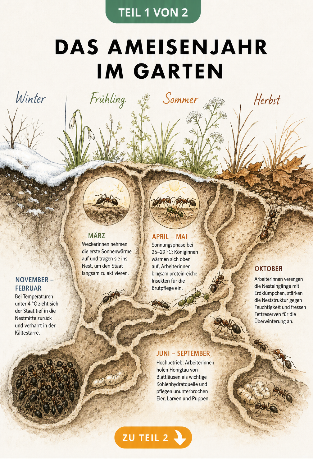 Querschnitt durch einen Gartenboden zeigt das Ameisenjahr von der Winterruhe bis zur herbstlichen Vorbereitung