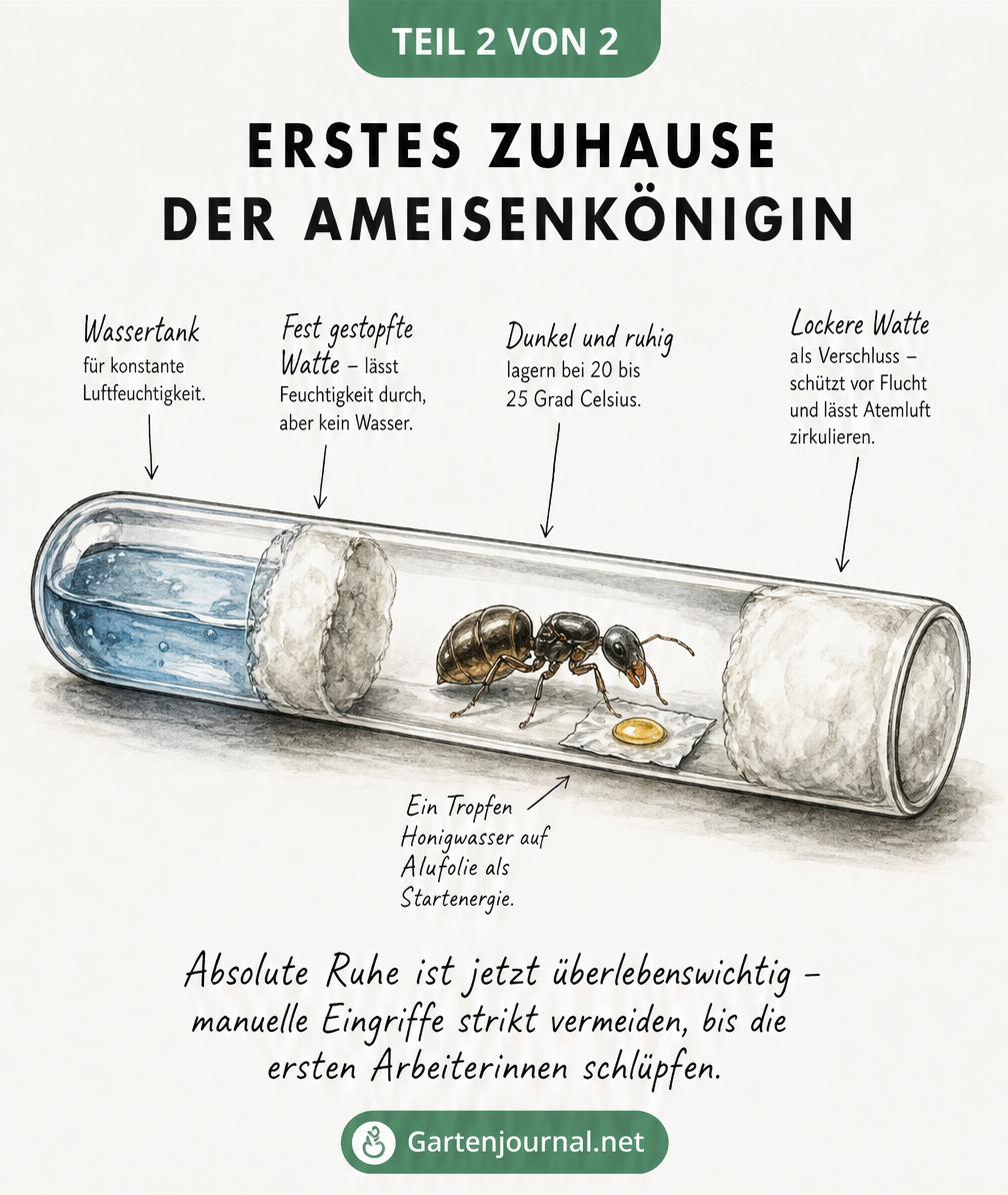 Längsschnitt durch ein Reagenzglas als Gründungsnest für eine Ameisenkönigin mit Wassertank, Watte und Honigwasser