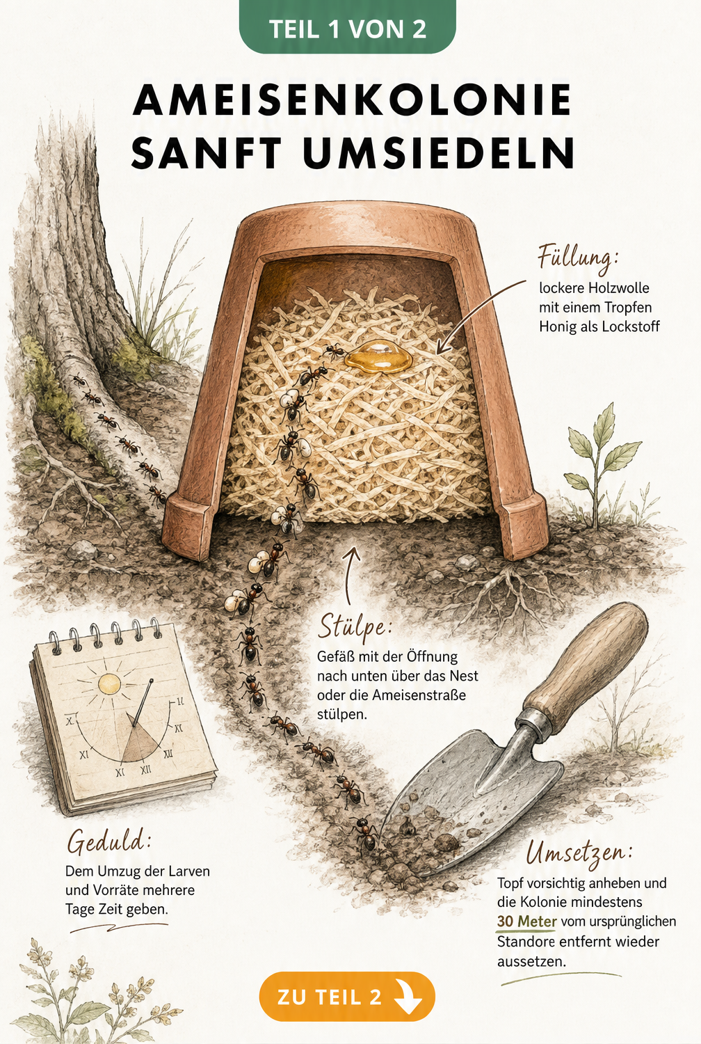 Illustration eines umgedrehten Terrakotta-Topfes mit Holzwolle und Honig zur Umsiedlung einer Ameisenkolonie