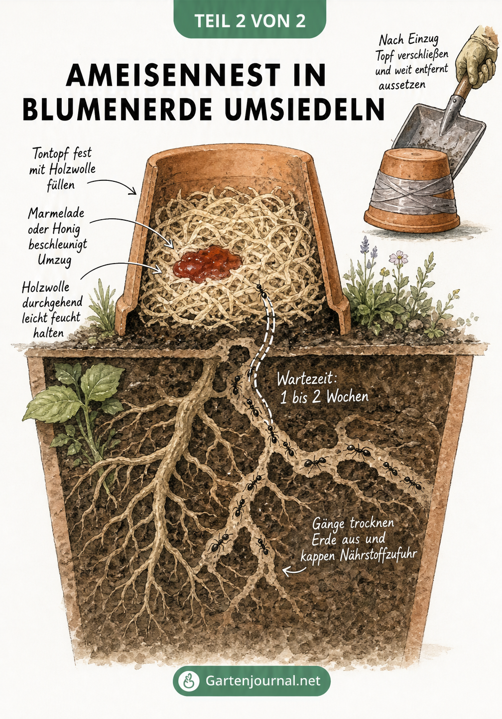 Querschnitt eines Blumentopfs mit Ameisengängen und einem umgedrehten Tontopf mit Holzwolle als Falle zur Umsiedlung