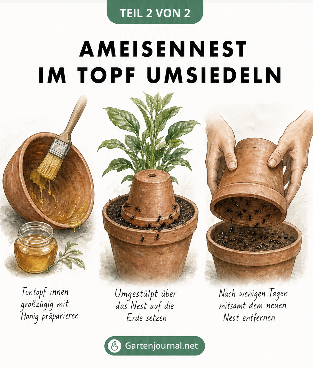 Illustration in drei Schritten: Ein Tontopf wird innen mit Honig bestrichen, umgekehrt auf die Pflanzenerde gesetzt und nach einigen Tagen mitsamt den Ameisen...