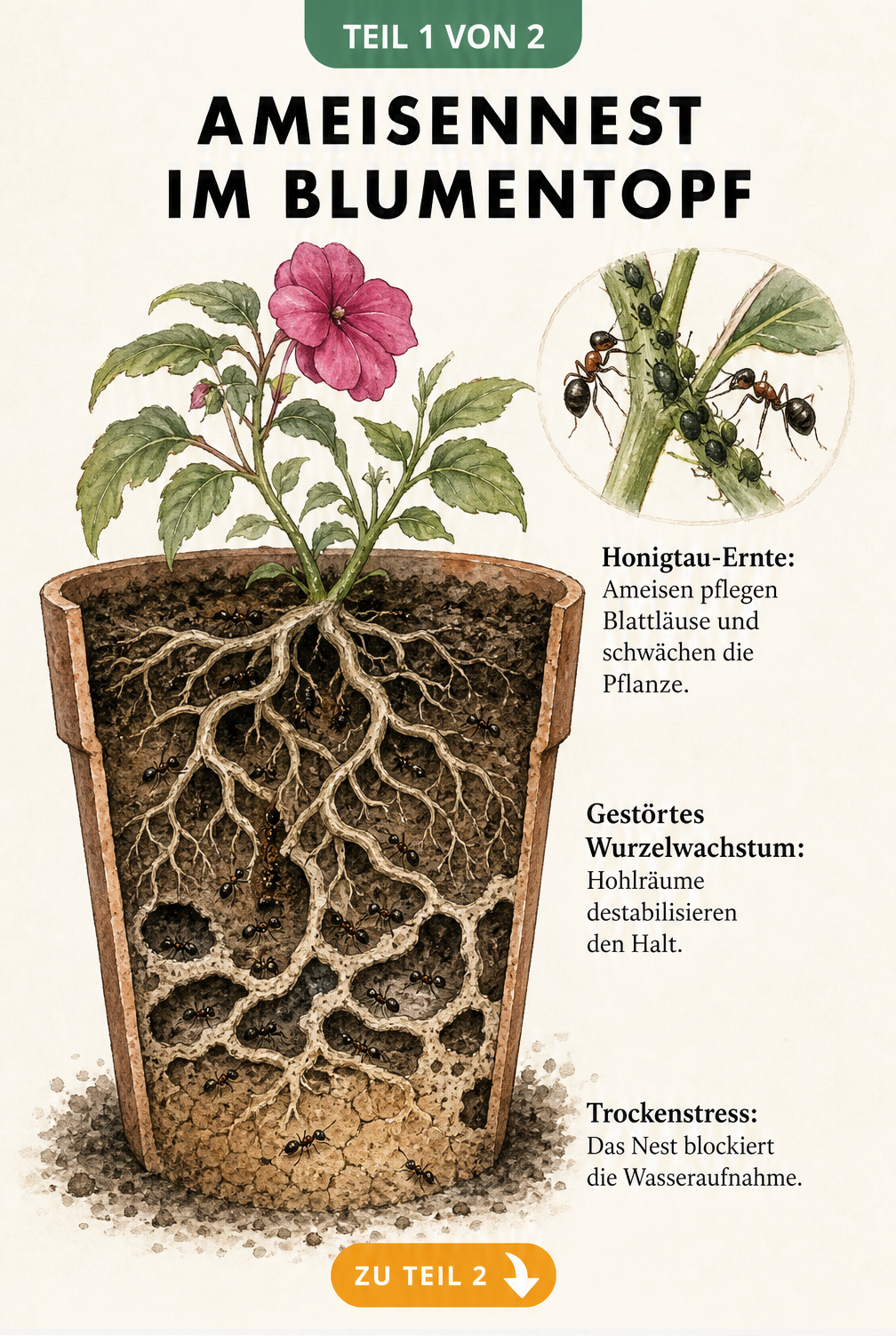 Querschnitt eines Blumentopfs mit Ameisennest, das Wurzeln und Wasseraufnahme stört