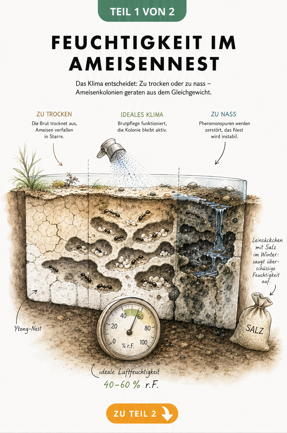 Querschnitt durch ein Formicarium mit Ytong-Nest, das die Auswirkungen von Trockenheit, idealer Feuchtigkeit und Nässe auf Ameisen zeigt