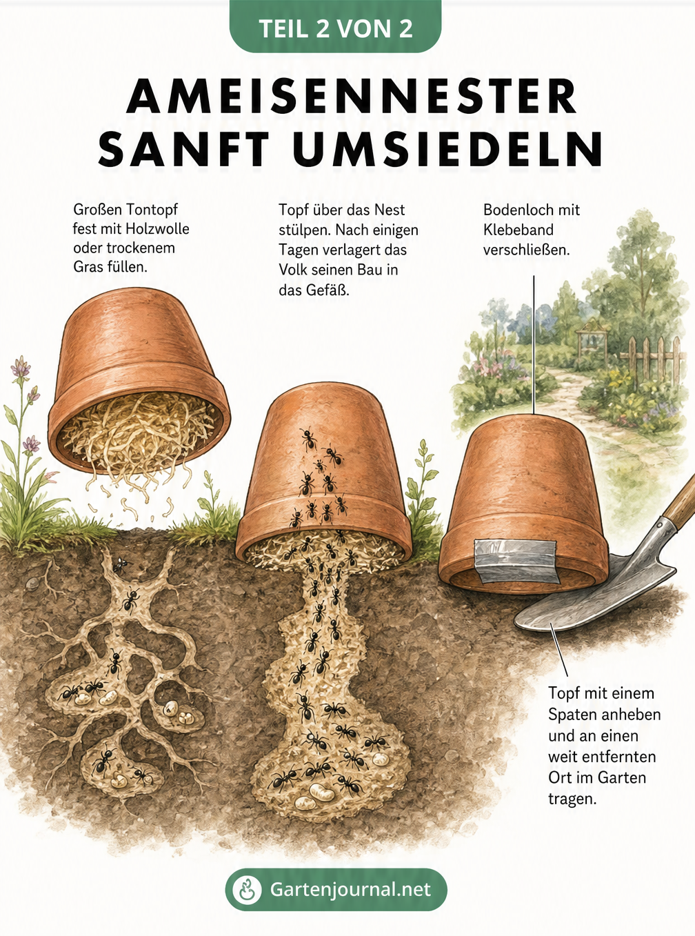 Schnittzeichnung eines Ameisennests im Gartenboden, das mit einem umgedrehten, mit Holzwolle gefüllten Tontopf umgesiedelt wird