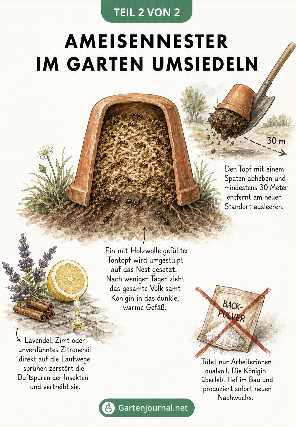 Illustration zur Umsiedlung eines Ameisennests mit einem umgestülpten Blumentopf, Spaten für den Transport, Duftbarrieren aus Lavendel und Zitrone sowie einer...