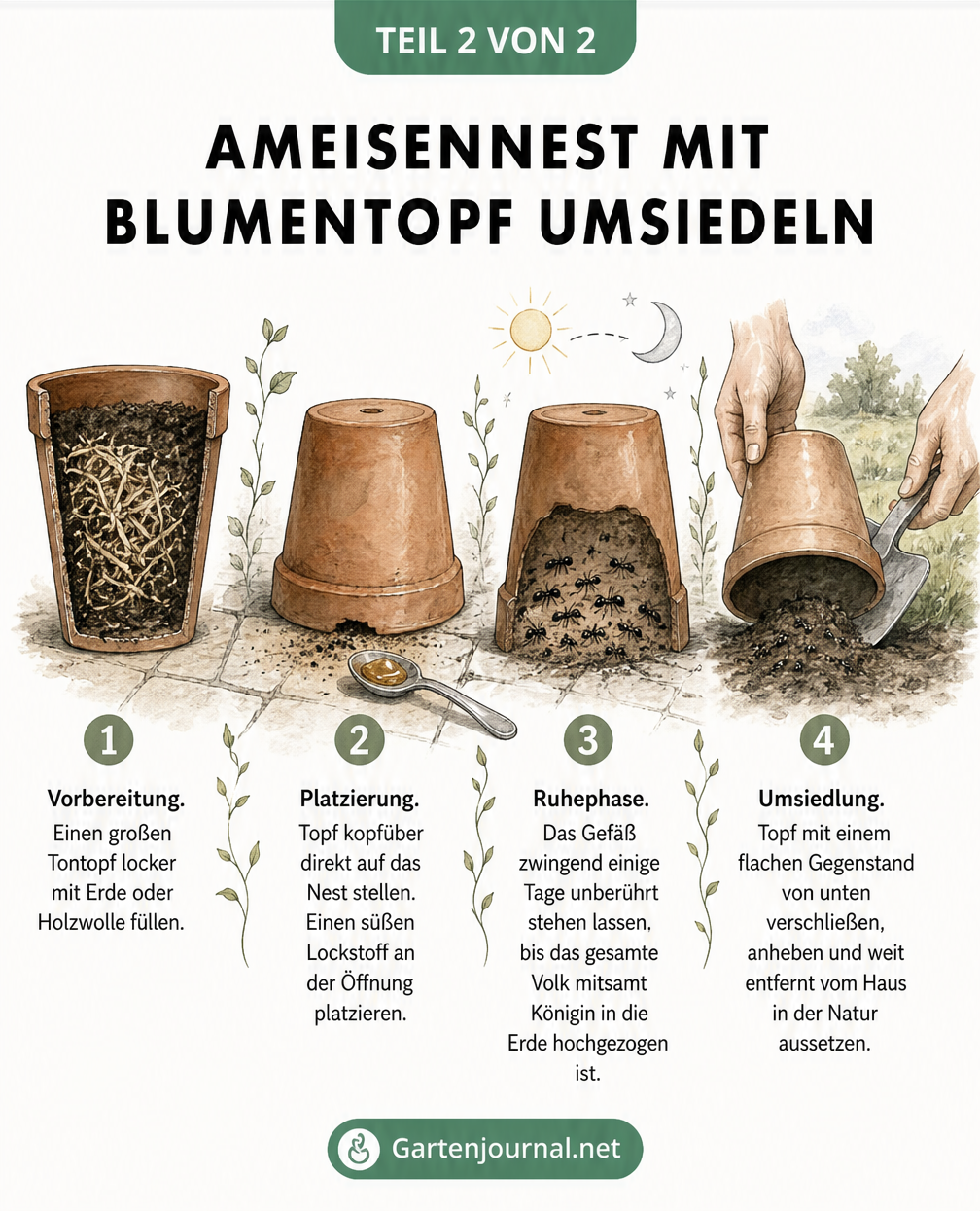 Vierteilige Illustration zur Umsiedlung eines Ameisennests mit einem umgedrehten Tontopf, der mit Erde und Holzwolle gefüllt ist