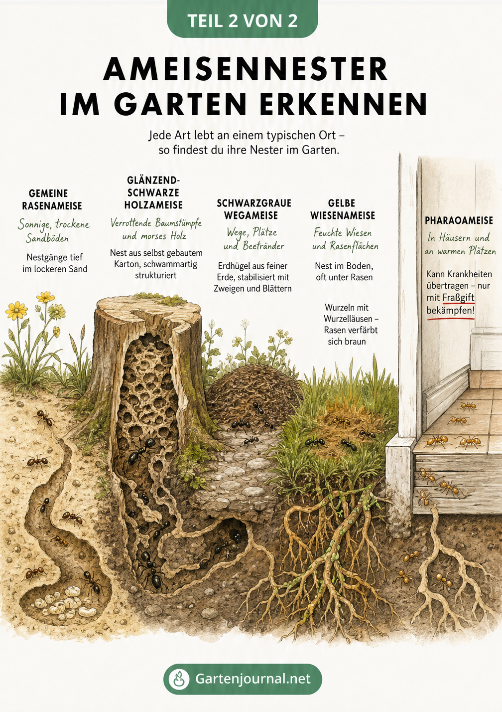 Querschnitt durch einen Garten mit verschiedenen Ameisennestern: Erdhügel, Baumstumpf, Sandboden und Hausmauer