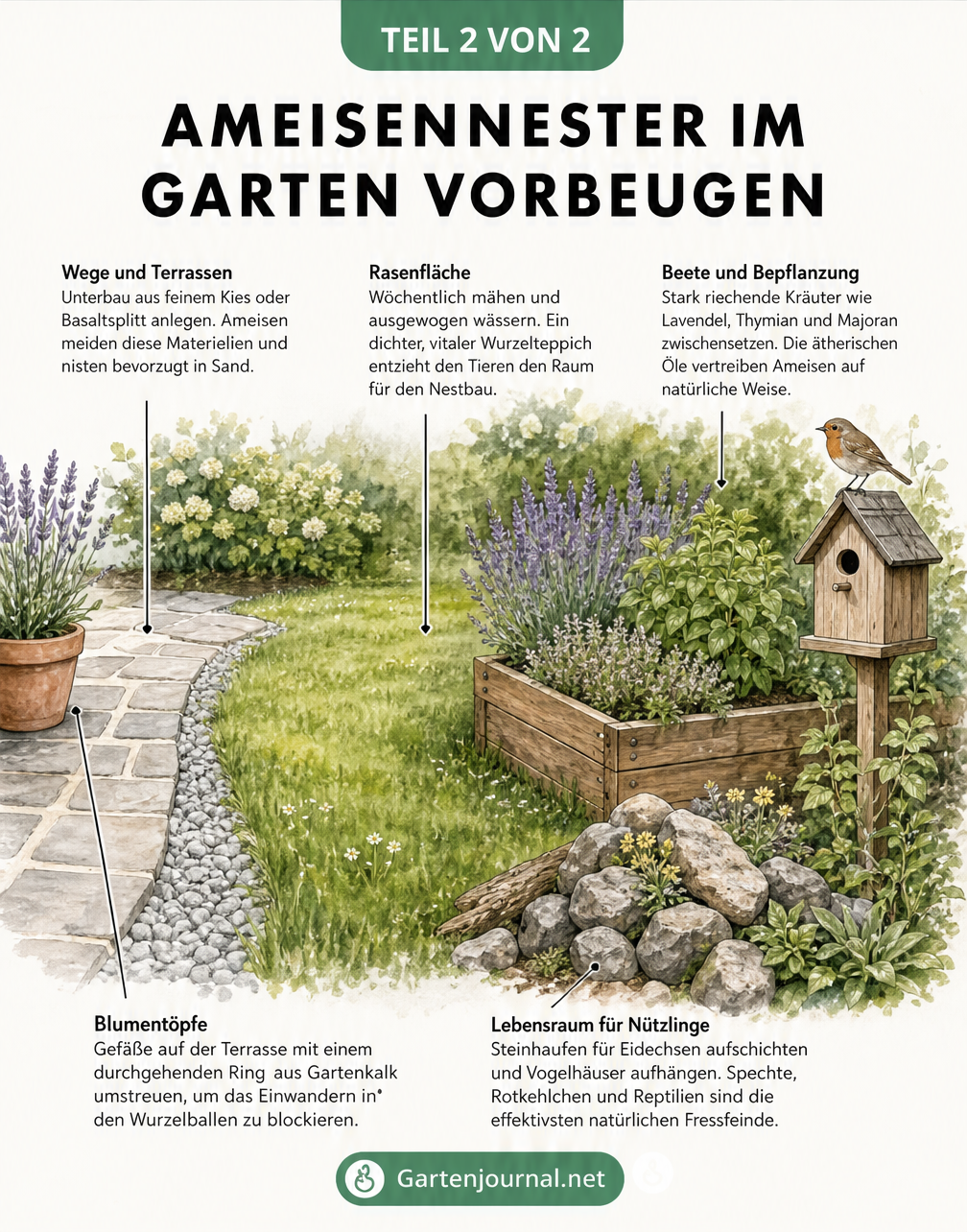 Botanische Illustration eines Gartens mit Terrasse, Rasen und Hochbeet, die natürliche Methoden zur Ameisenprävention zeigt.