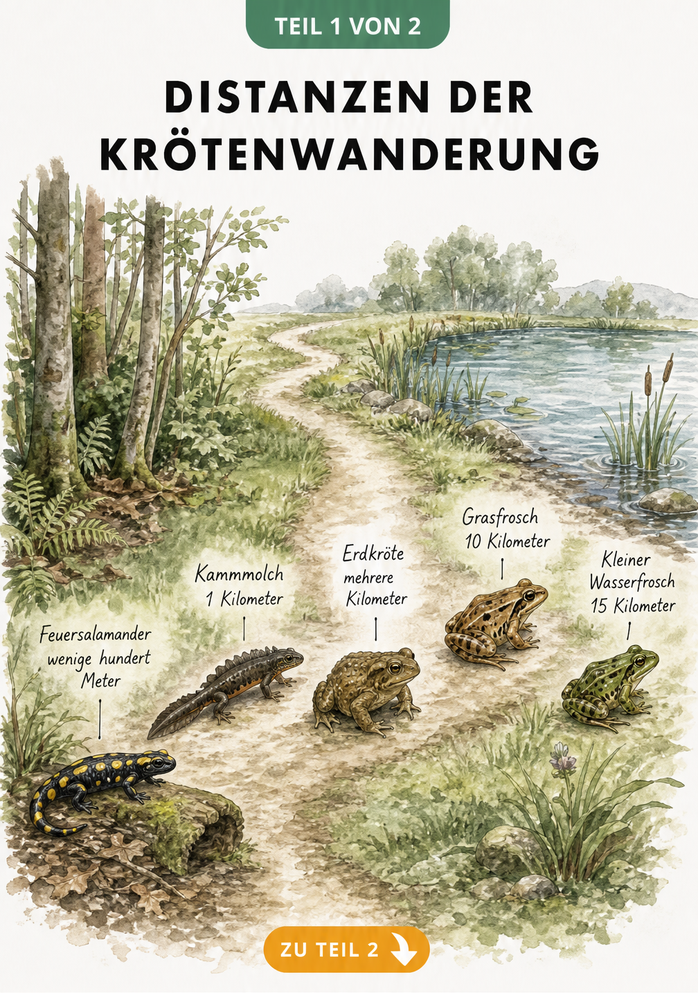 Aquarell-Illustration einer Landschaft mit Wanderstrecken verschiedener Amphibien wie Feuersalamander, Erdkröte und Grasfrosch