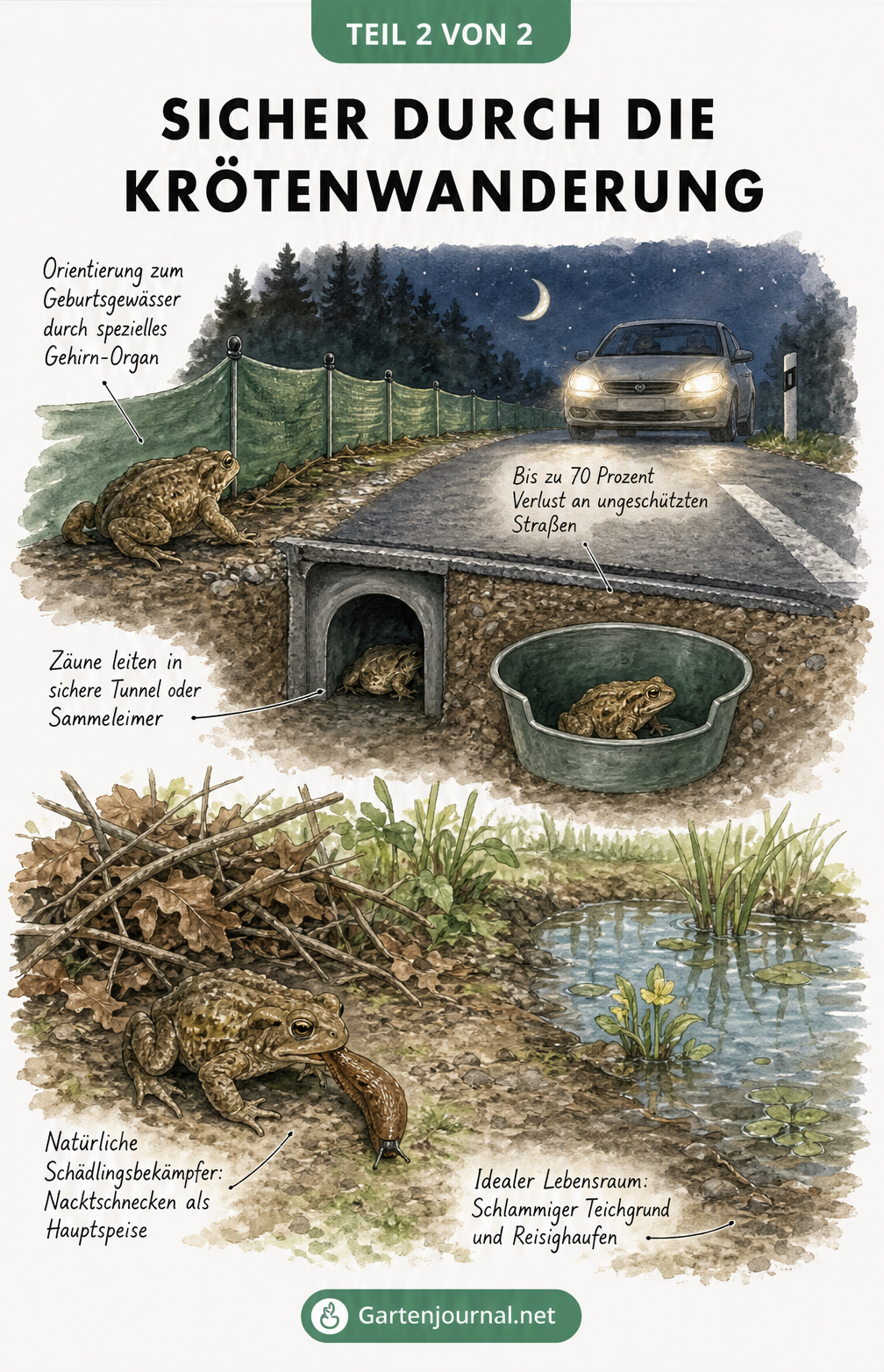 Illustration einer Landstraße mit Schutzzaun und Tunnel für Kröten sowie eines naturnahen Gartens mit Teich und Reisighaufen