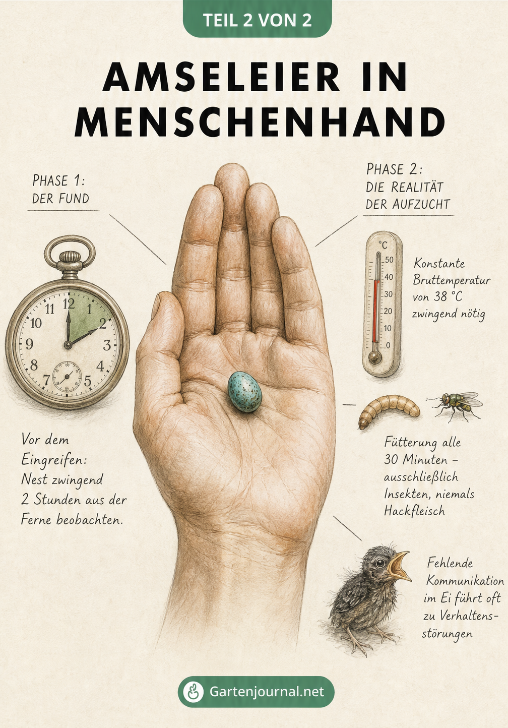 Illustration einer menschlichen Hand mit einem Amselei, die die strengen Bedingungen der künstlichen Aufzucht wie 38 Grad Bruttemperatur und Insektenfütterung...