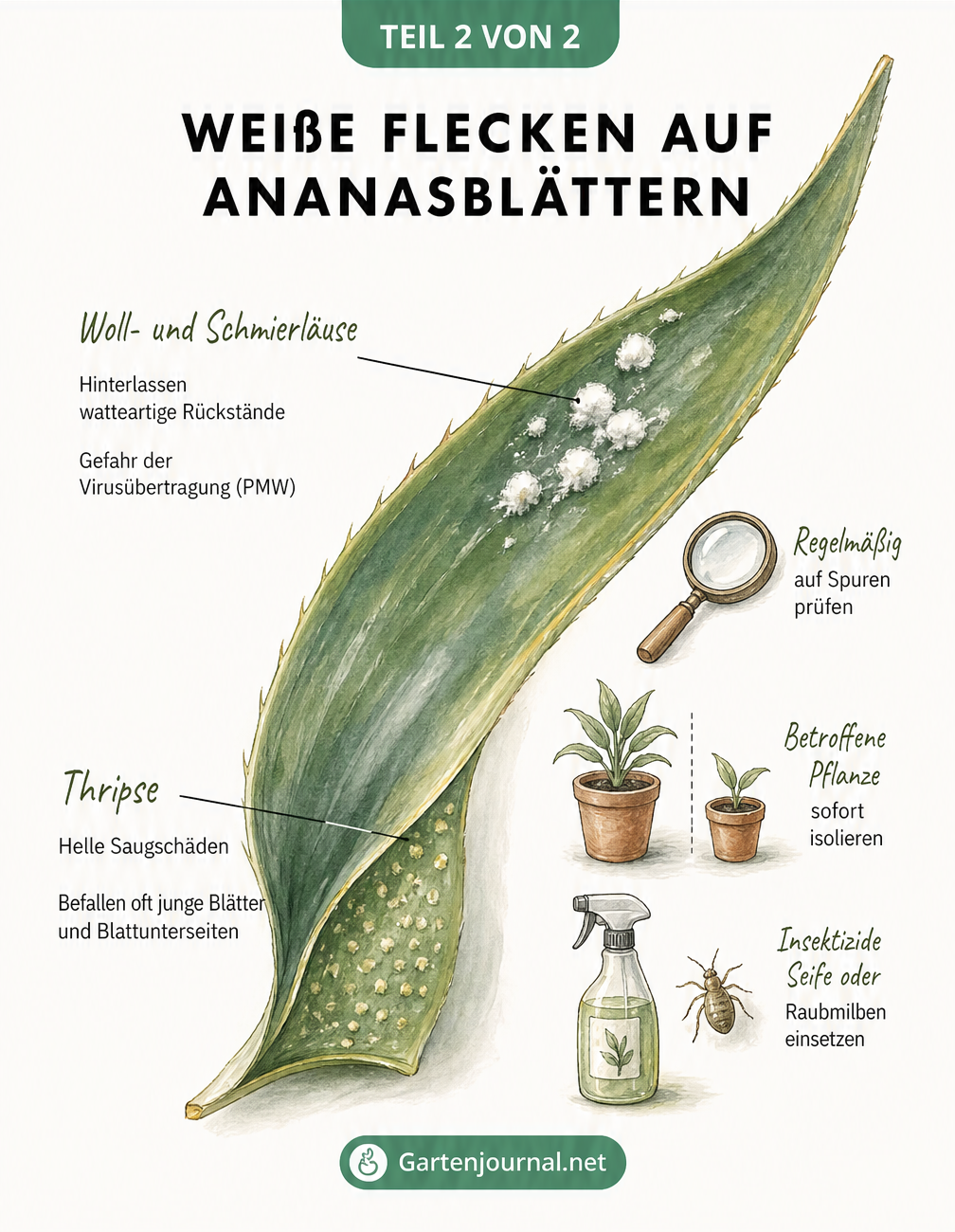 Botanische Zeichnung eines Ananasblattes mit Schadbildern von Woll- und Schmierläusen sowie Thripsen