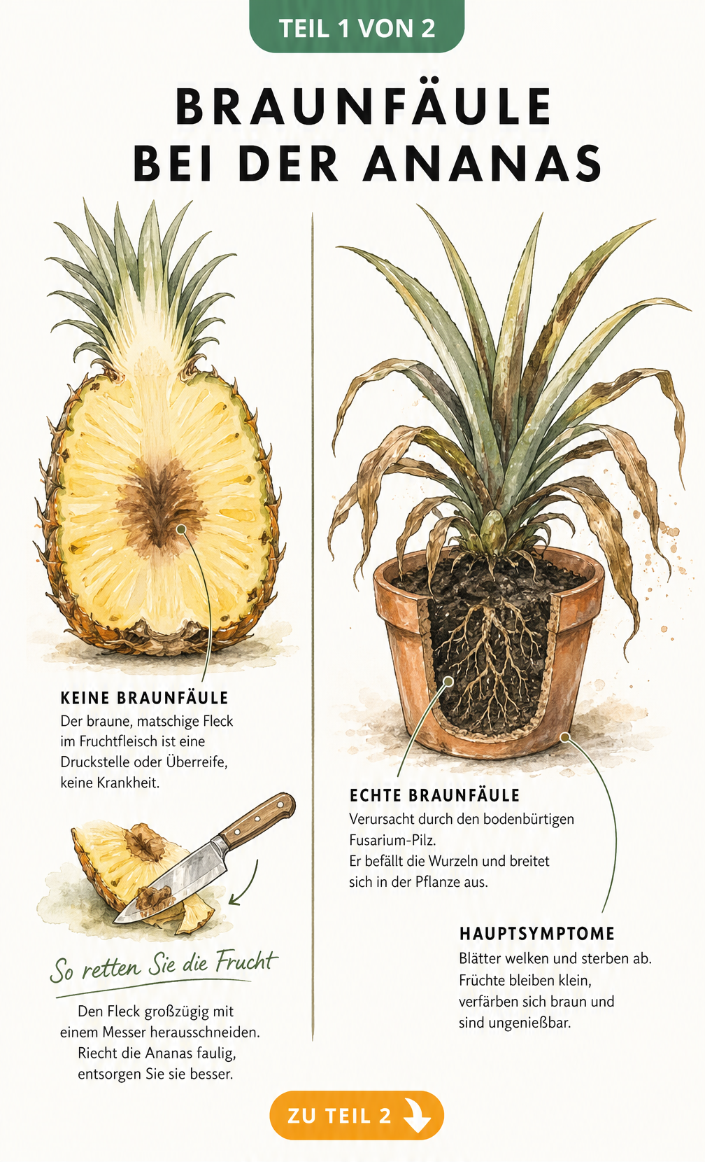 Botanische Illustration einer Ananasfrucht mit braunem Fleck und einer kranken Ananaspflanze im Topf