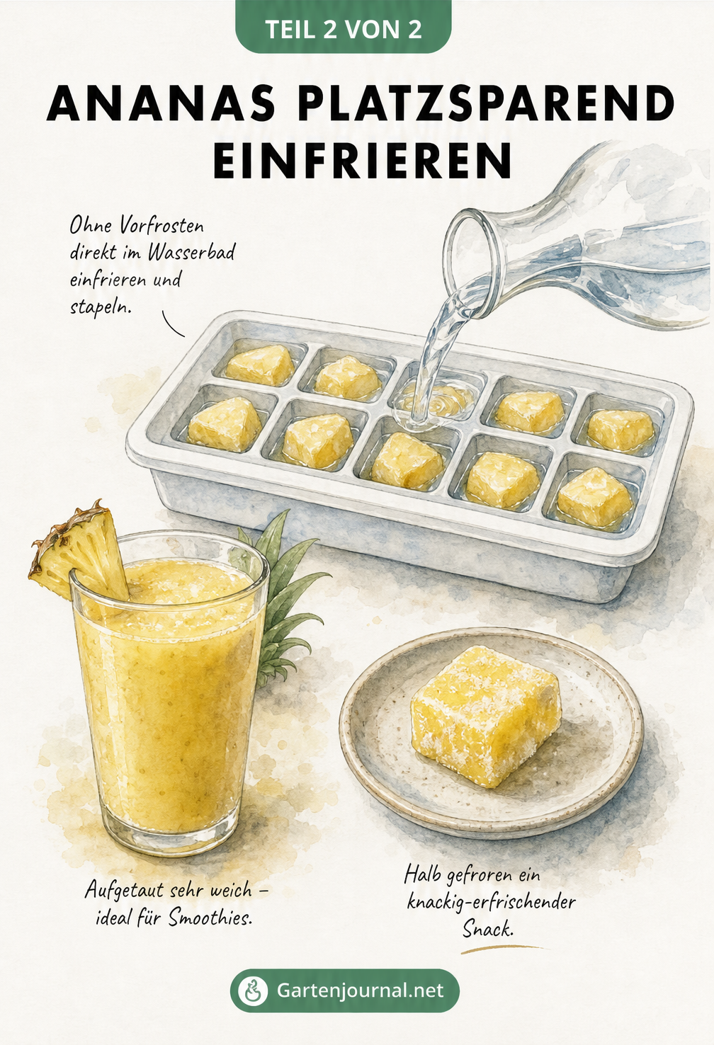 Aquarell-Illustration: Ananasstücke im Eiswürfelbehälter mit Wasser einfrieren