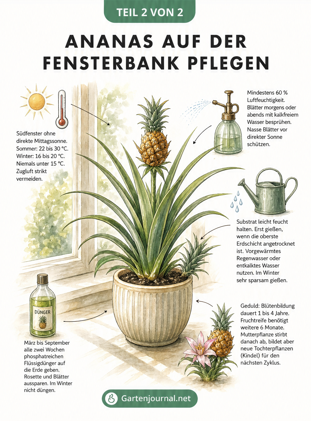 Illustration zur Pflege einer Ananaspflanze auf der Fensterbank mit Tipps zu Standort, Gießen und Düngen