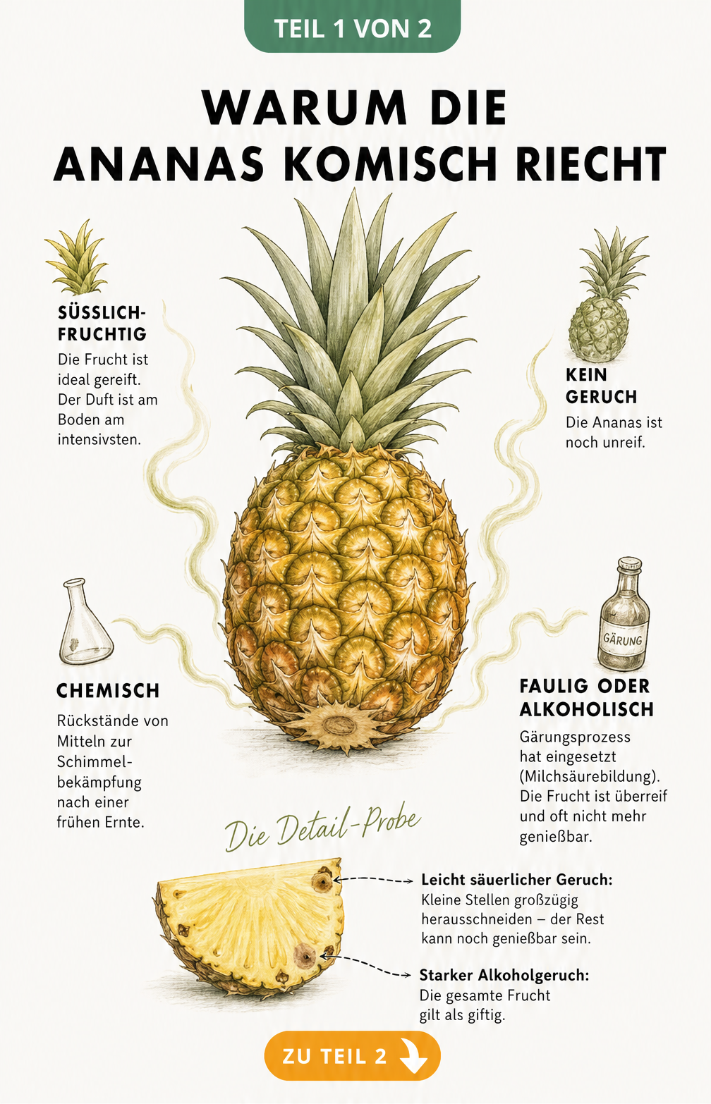 Botanische Illustration einer Ananas mit vier Duftlinien, die süßlich-fruchtige, fehlende, faulige und chemische Gerüche erklären.