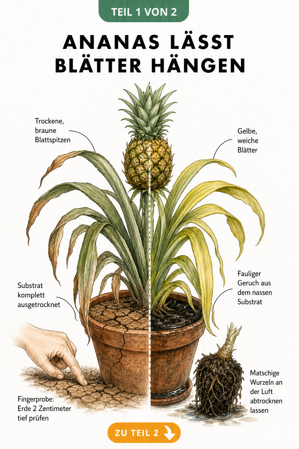 Illustration einer Ananaspflanze, die die Symptome von Wassermangel und Staunässe gegenüberstellt