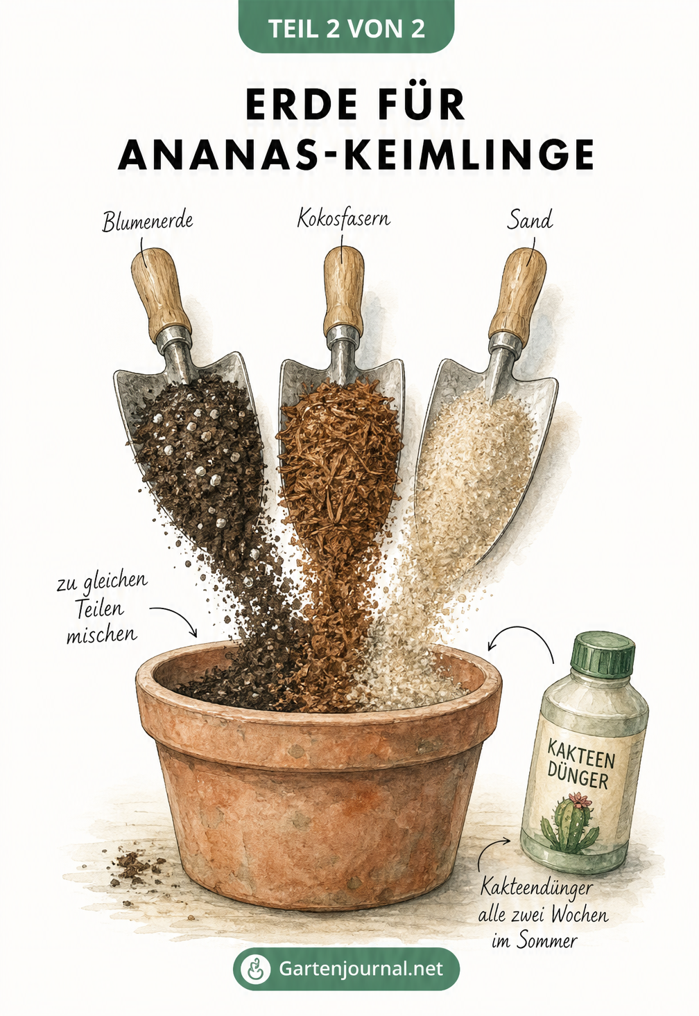 Drei Pflanzschaufeln mit Blumenerde, Kokosfasern und Sand, die zu gleichen Teilen in einen Pflanztopf gemischt werden, daneben eine Düngerflasche.