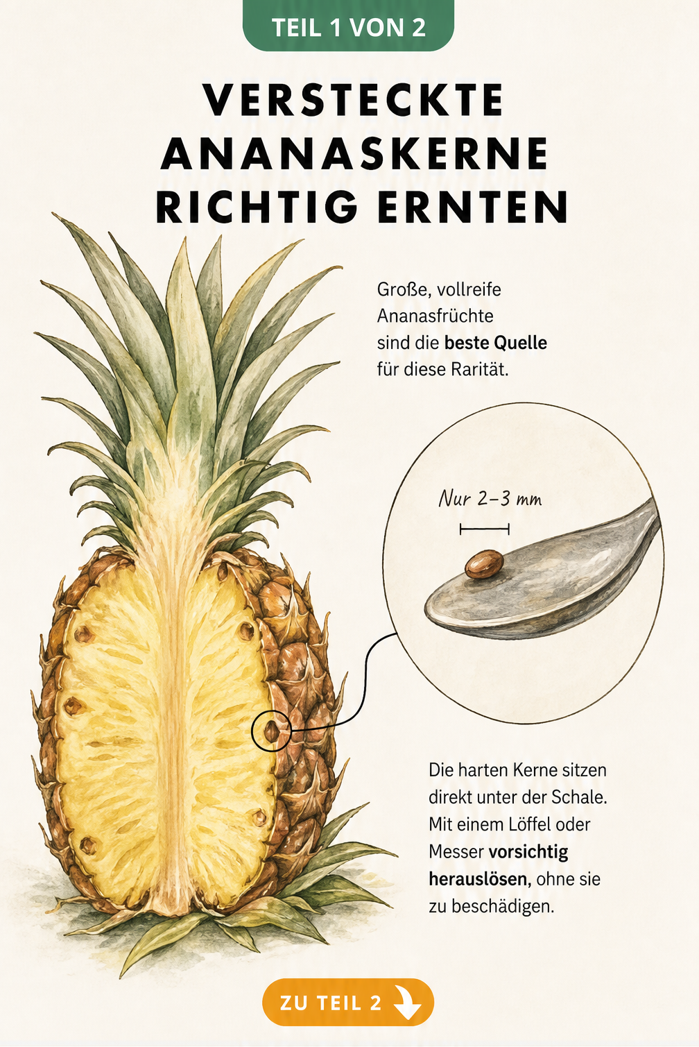 Botanische Illustration einer halb geschälten Ananas mit einem winzigen Kern auf einem Teelöffel