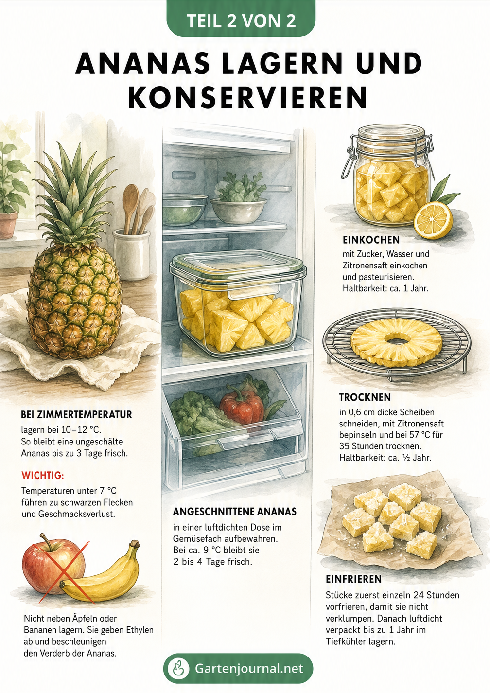 Illustration verschiedener Methoden zur Lagerung und Konservierung von Ananas, darunter Zimmertemperatur, Kühlschrank, Einkochen, Trocknen und Einfrieren