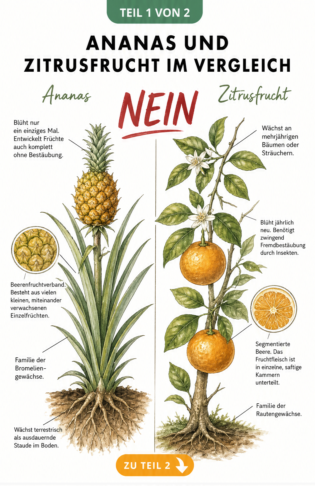 Botanischer Vergleich zwischen Ananas und Orange als Vertreterin der Zitrusfrüchte
