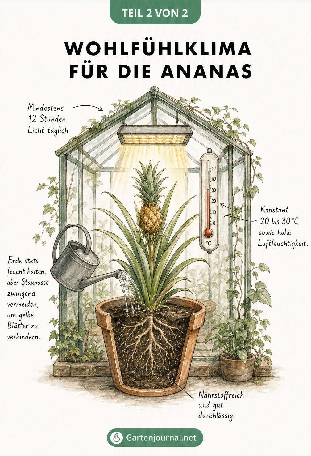 Schnittzeichnung eines Gewächshauses mit einer Ananaspflanze, die Lichtbedarf, Temperatur, Luftfeuchtigkeit und Gießverhalten zeigt.