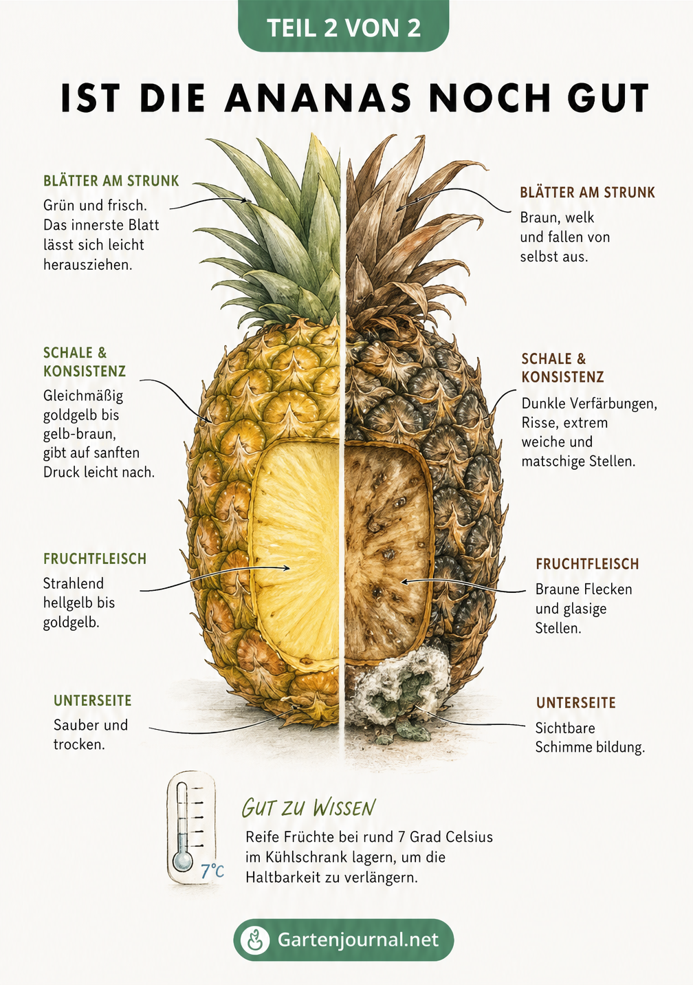 Gegenüberstellung einer reifen und einer verdorbenen Ananas mit Fokus auf Blätter, Schale, Fruchtfleisch und Unterseite.
