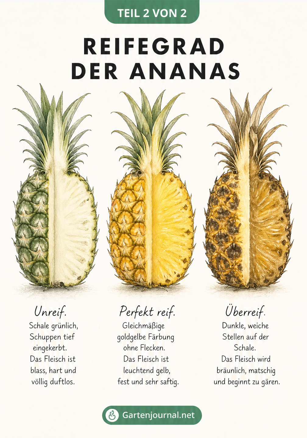 Gegenüberstellung von drei halbierten Ananas-Früchten in den Stadien unreif, perfekt reif und überreif mit Beschreibung von Schale und Fruchtfleisch.