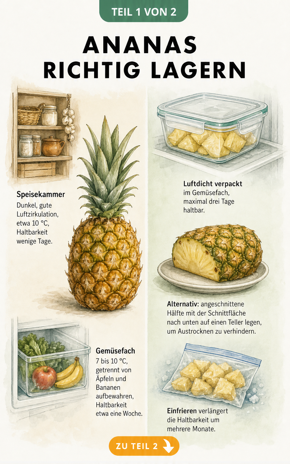 Illustration zur richtigen Lagerung von Ananas bei Zimmertemperatur und im Kühlschrank