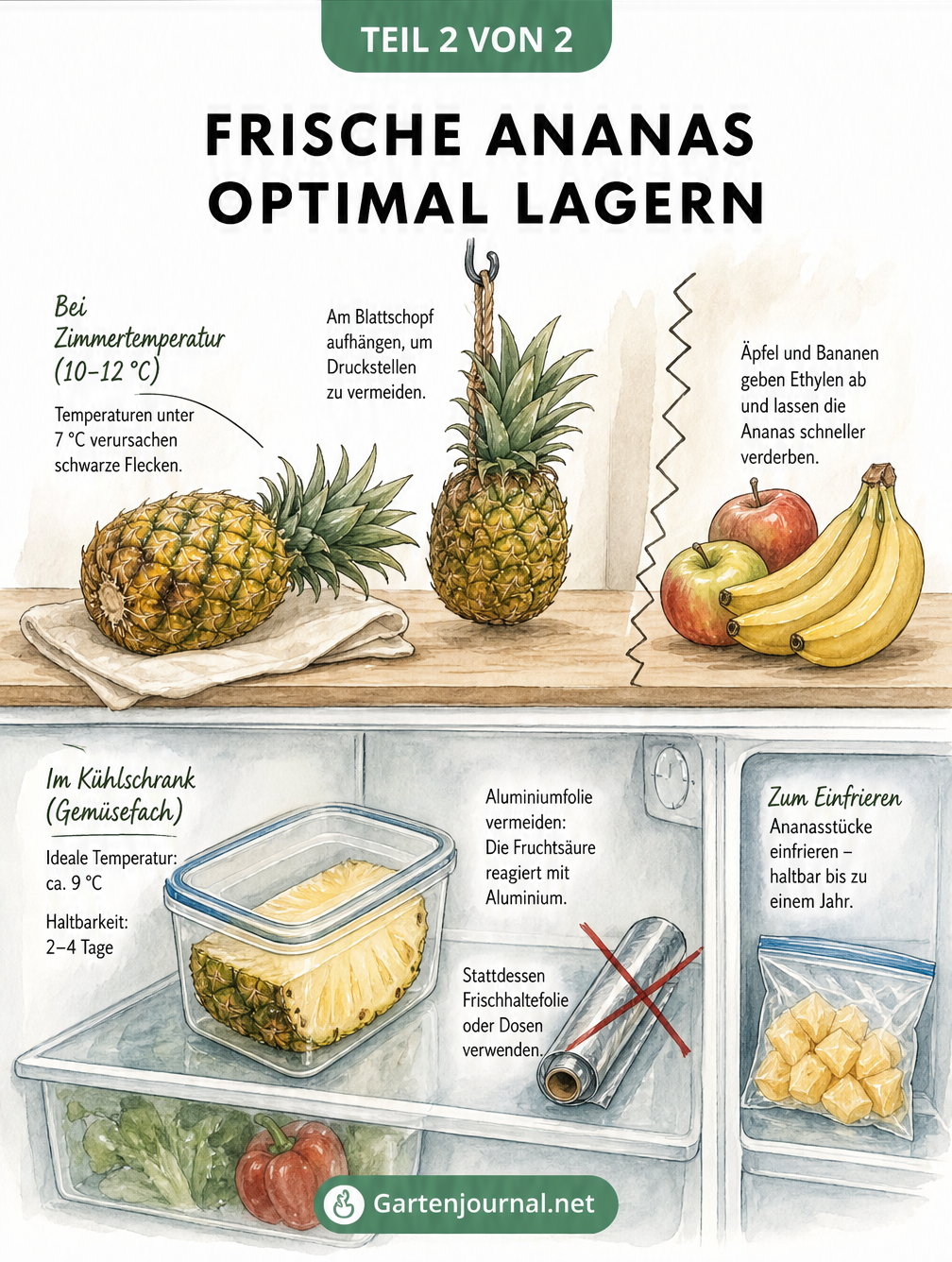 Skizze zur optimalen Lagerung von Ananas bei Zimmertemperatur und im Kühlschrank, inklusive Tipps zur Vermeidung von Druckstellen und Ethylen-Einfluss.