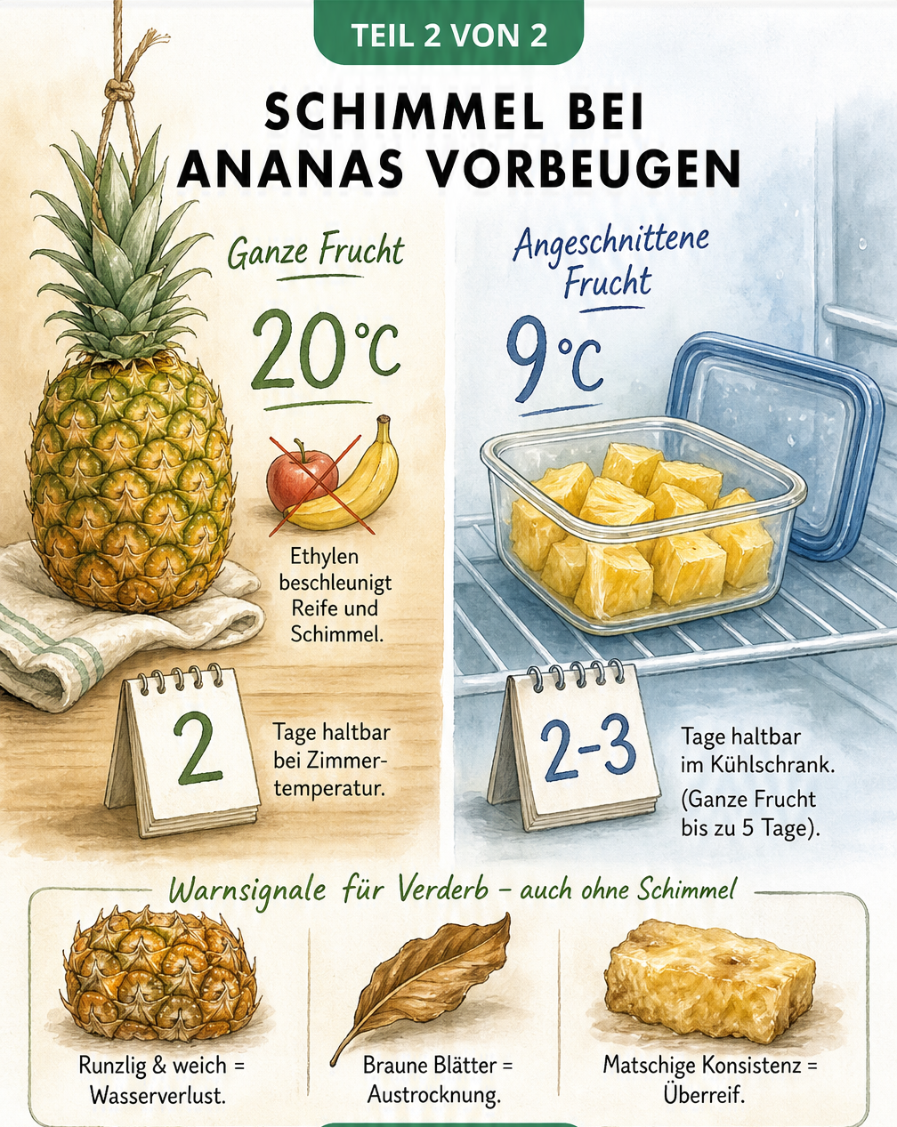 Illustration zur Lagerung von Ananas bei Zimmertemperatur und im Kühlschrank zur Vorbeugung von Schimmel