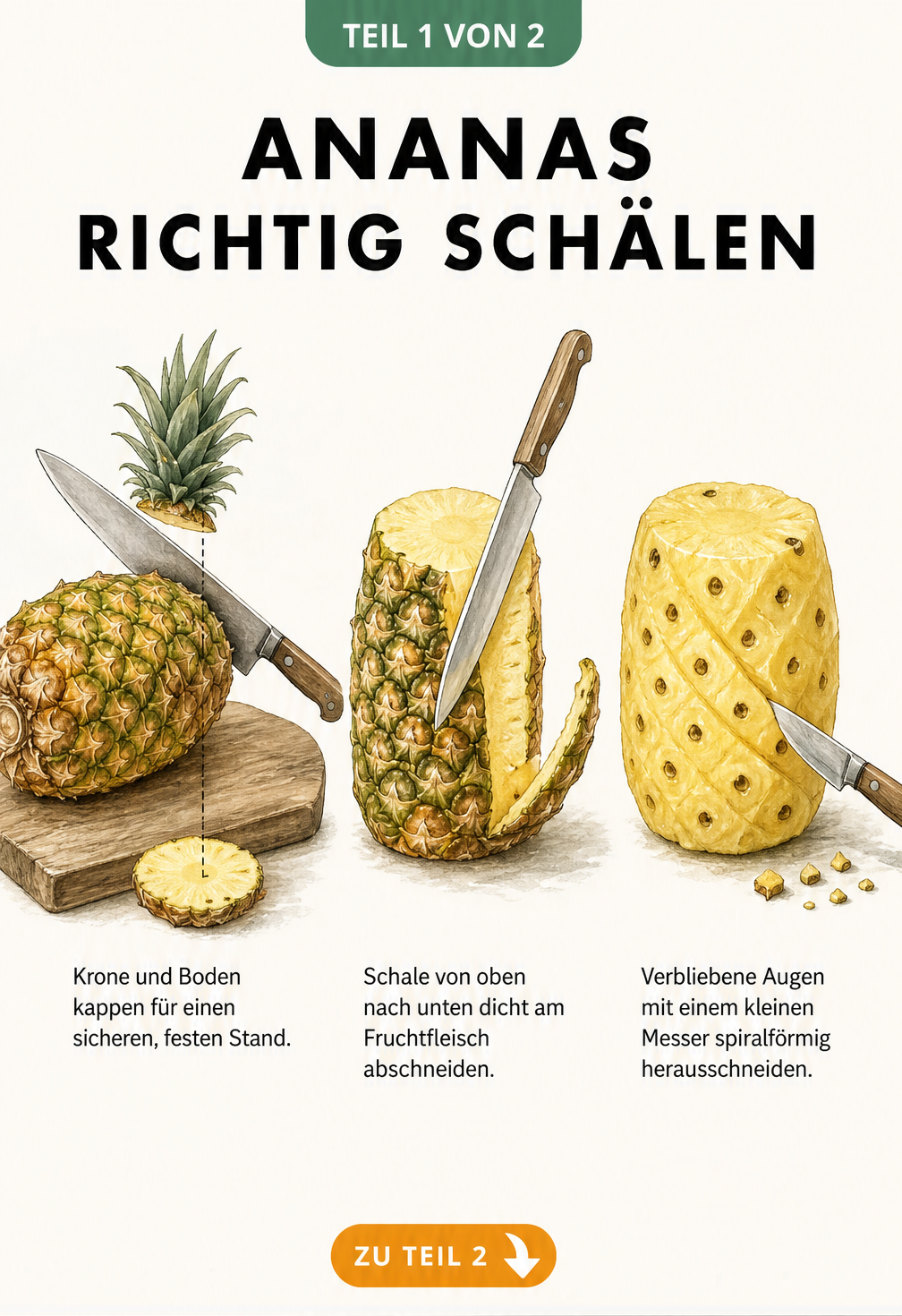 Illustration: Ananas richtig schälen in drei Schritten, von Krone abschneiden bis Augen entfernen