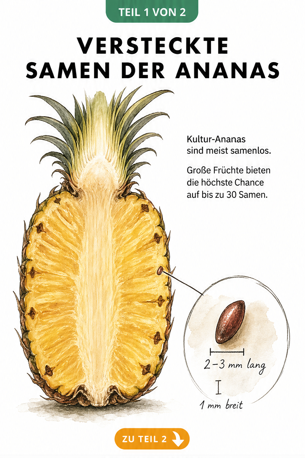 Botanische Illustration eines Ananas-Querschnitts, die zeigt, wo sich die winzigen Samen unter der Schale verbergen.
