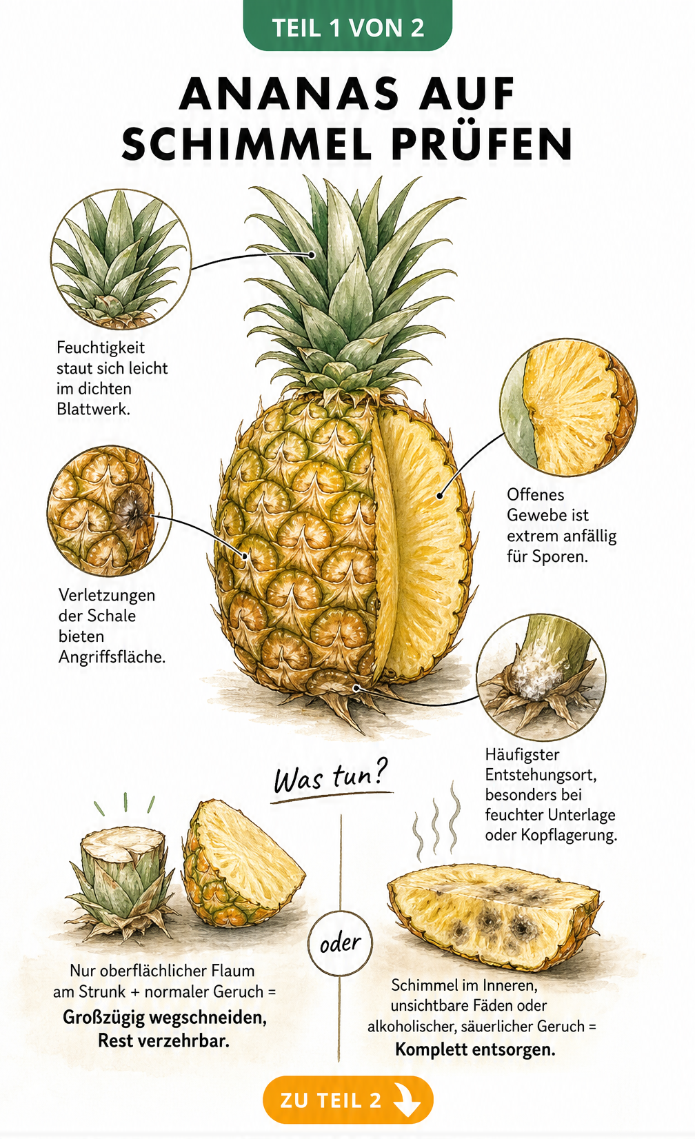 Illustration einer Ananas mit Markierungen an Blattschopf, Strunk, Schale und Schnittstelle zur Prüfung auf Schimmel