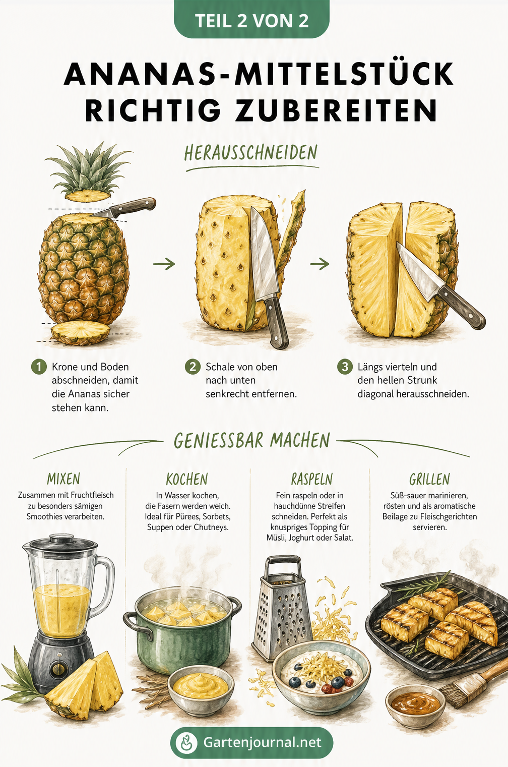 Illustration verschiedener Zubereitungsmethoden für den Ananas-Strunk: Schneiden, Mixen, Kochen, Reiben und Grillen