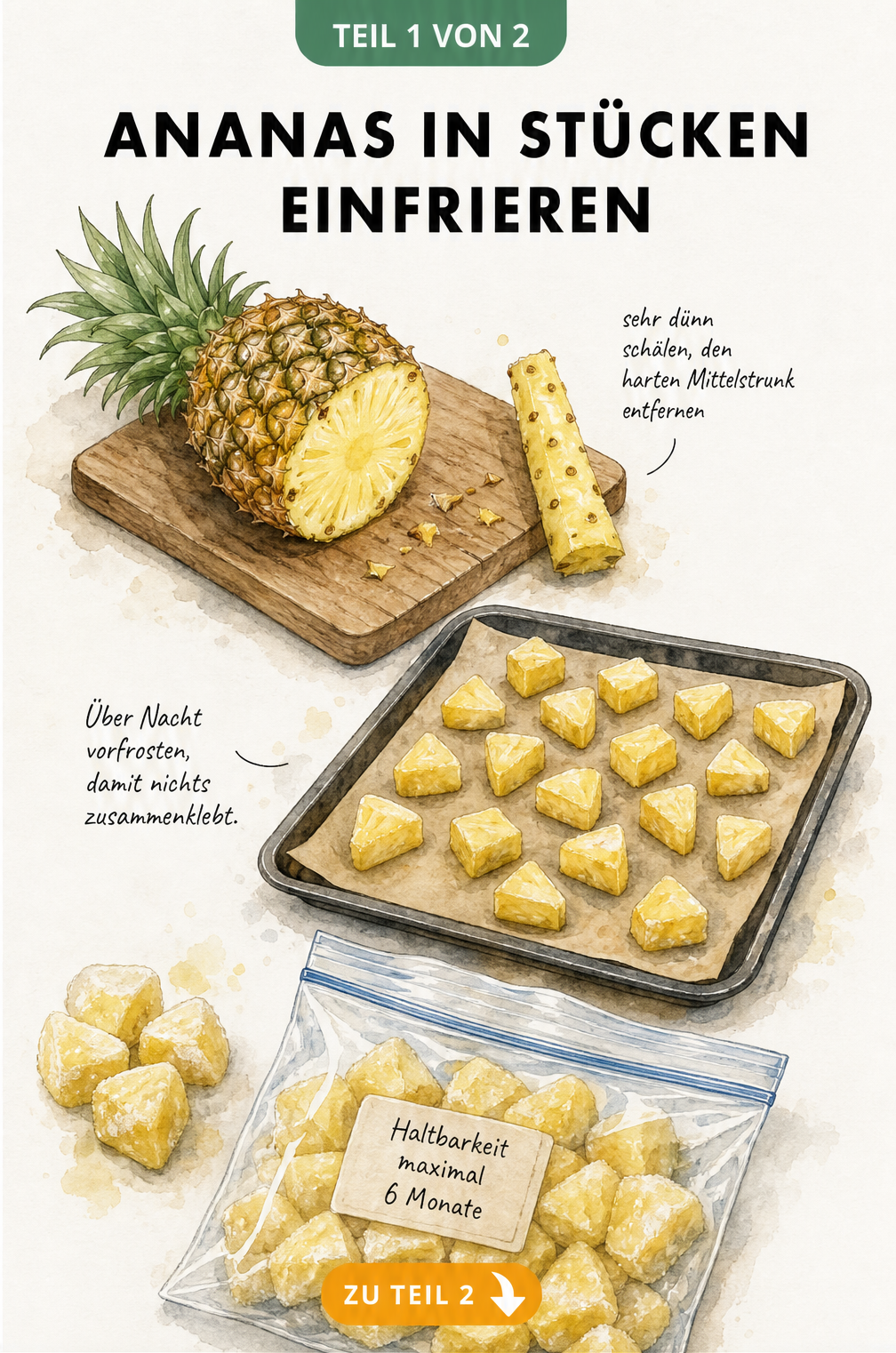 Illustration: Ananas in Stücken auf einem Backblech vorfrosten und in Gefrierbeutel füllen
