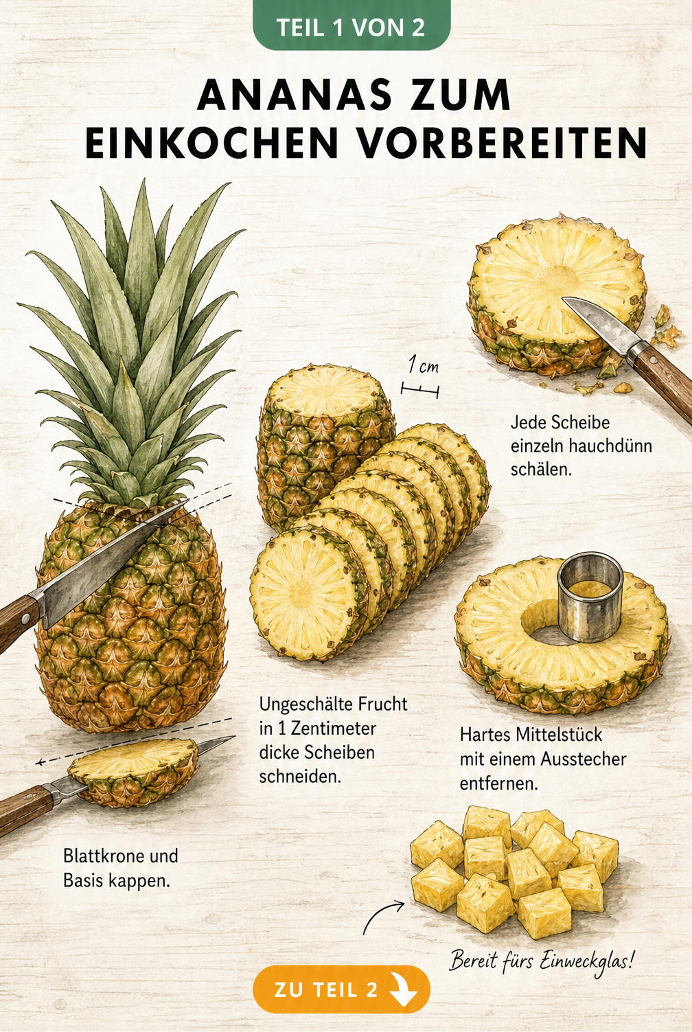 Illustration: Frische Ananas zum Einkochen vorbereiten, von der ganzen Frucht bis zu den gewürfelten Stücken.