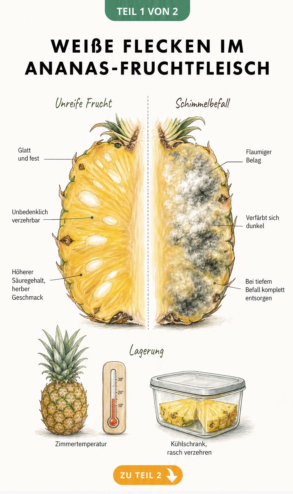 Gegenüberstellung einer unreifen Ananas mit weißen, festen Stellen und einer schimmeligen Ananas mit flaumigem Belag