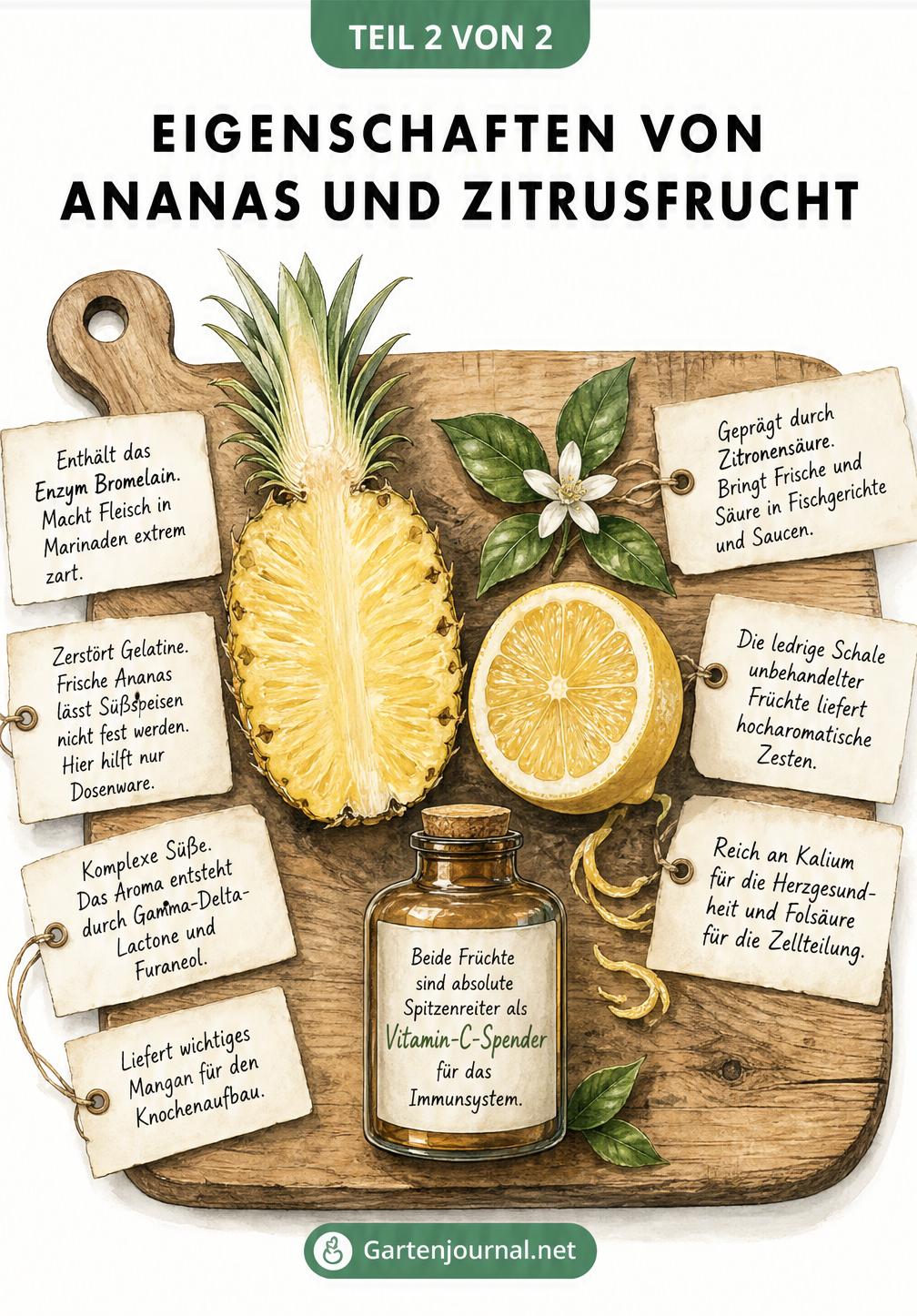 Eigenschaften und Verwendung von Ananas und Zitrone auf einem Holzbrett