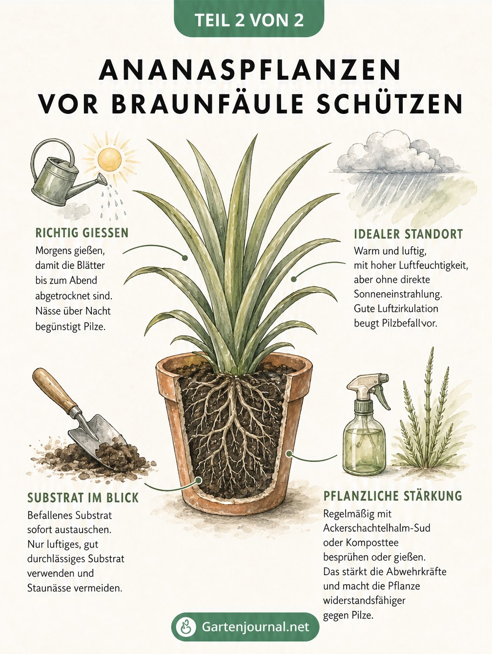 Skizze einer gesunden Ananaspflanze im Topf mit Pflegetipps wie Gießen, Standort und Substrat