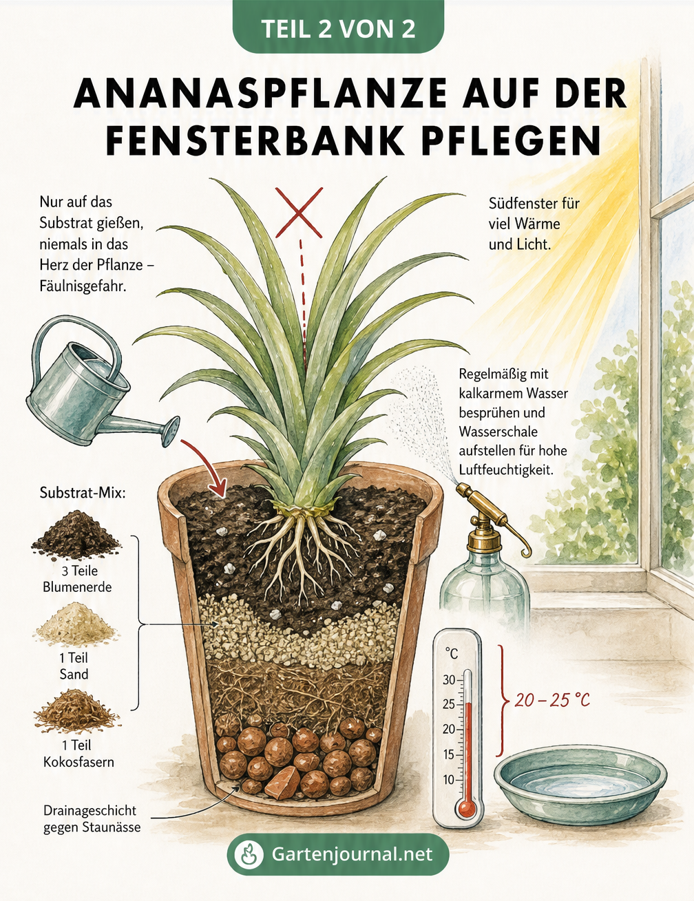 Querschnitt eines Pflanztopfes mit Ananaspflanze, der den Bodenaufbau aus Blähton und Substrat sowie die idealen Pflegebedingungen zeigt.