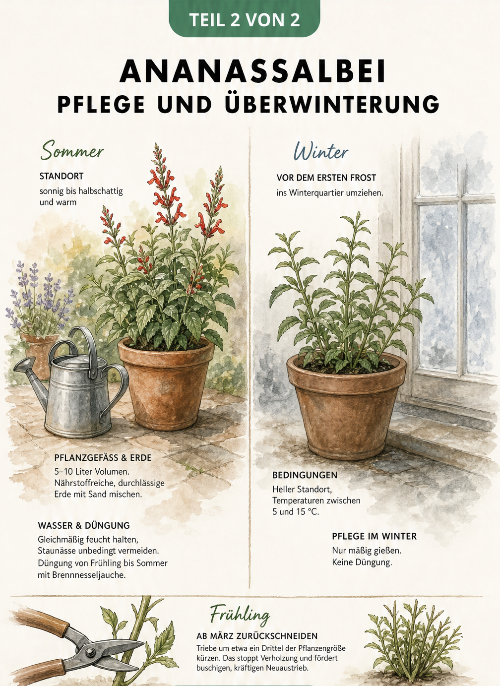 Illustration zur Pflege und Überwinterung von Ananassalbei im Sommer und Winter