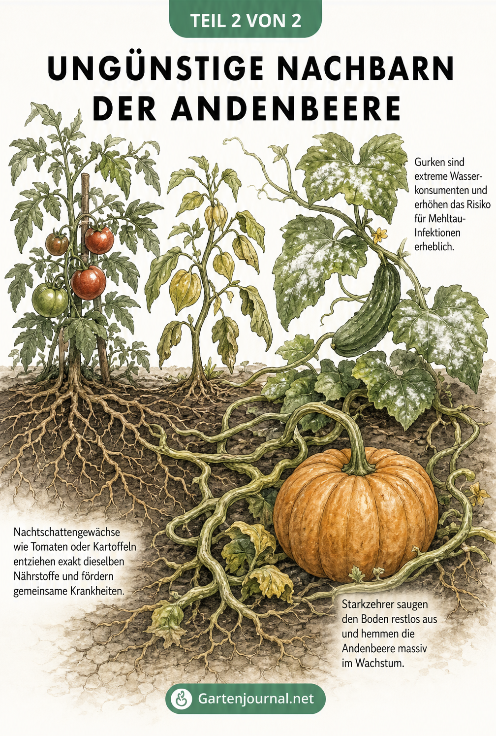 Botanische Illustration einer gestressten Andenbeere umgeben von schlechten Nachbarn wie Tomate, Gurke und Kürbis