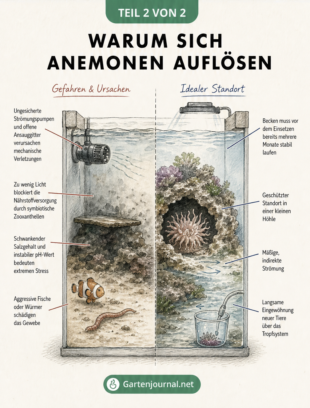 Querschnitt eines Meerwasseraquariums mit Gefahrenquellen für Anemonen und dem idealen Standort