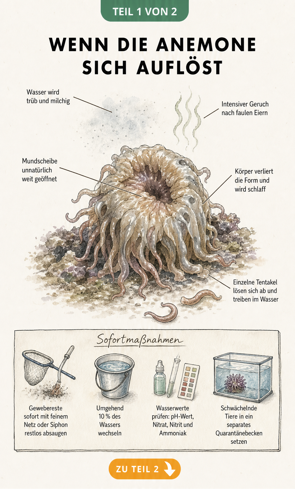 Illustration einer kranken Anemone mit Symptomen wie schlaffem Körper und abgelösten Tentakeln sowie Notfallmaßnahmen