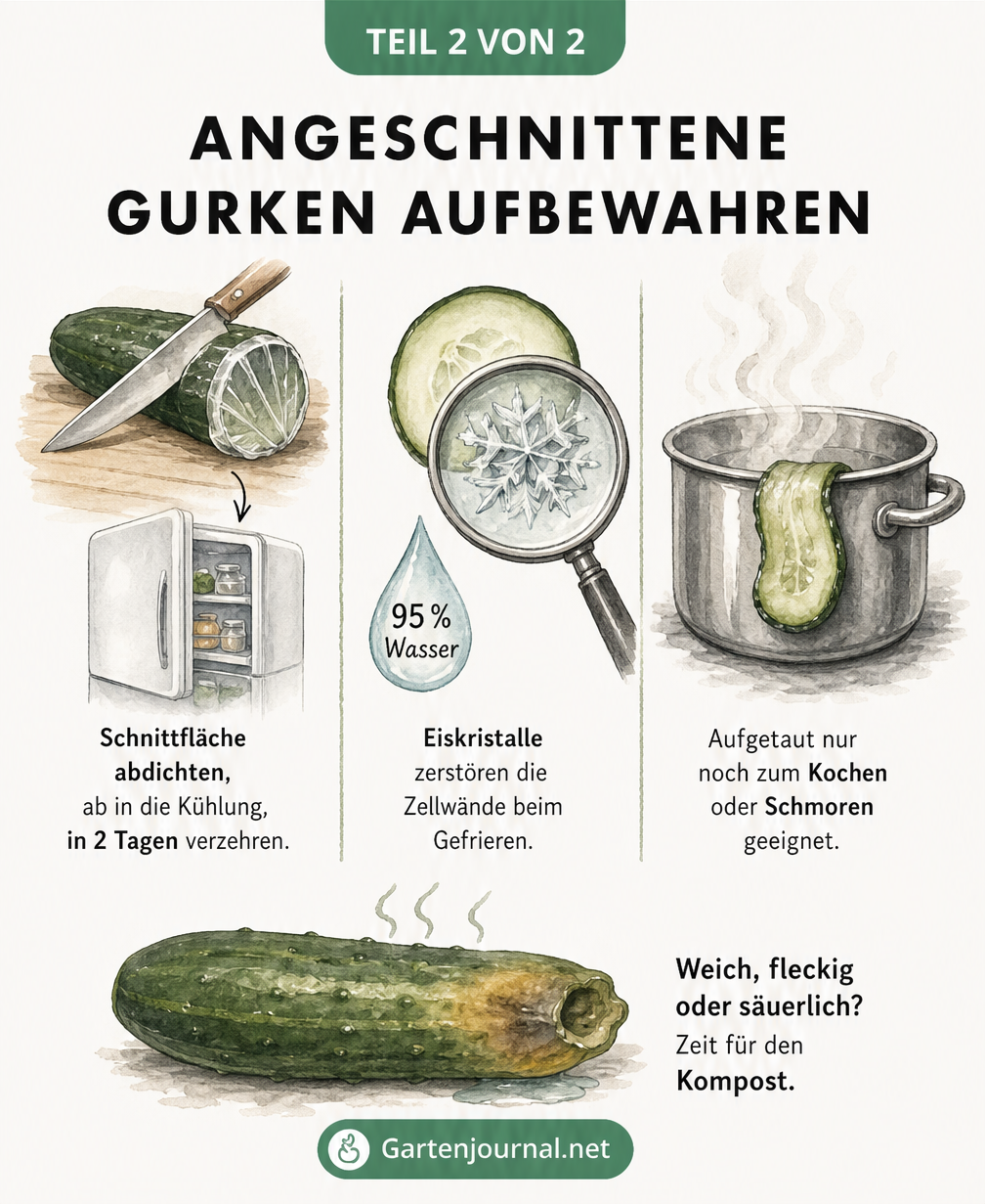 Illustration einer angeschnittenen Gurke mit abgedeckter Schnittfläche und einer Lupe, die Eiskristalle beim Einfrieren zeigt
