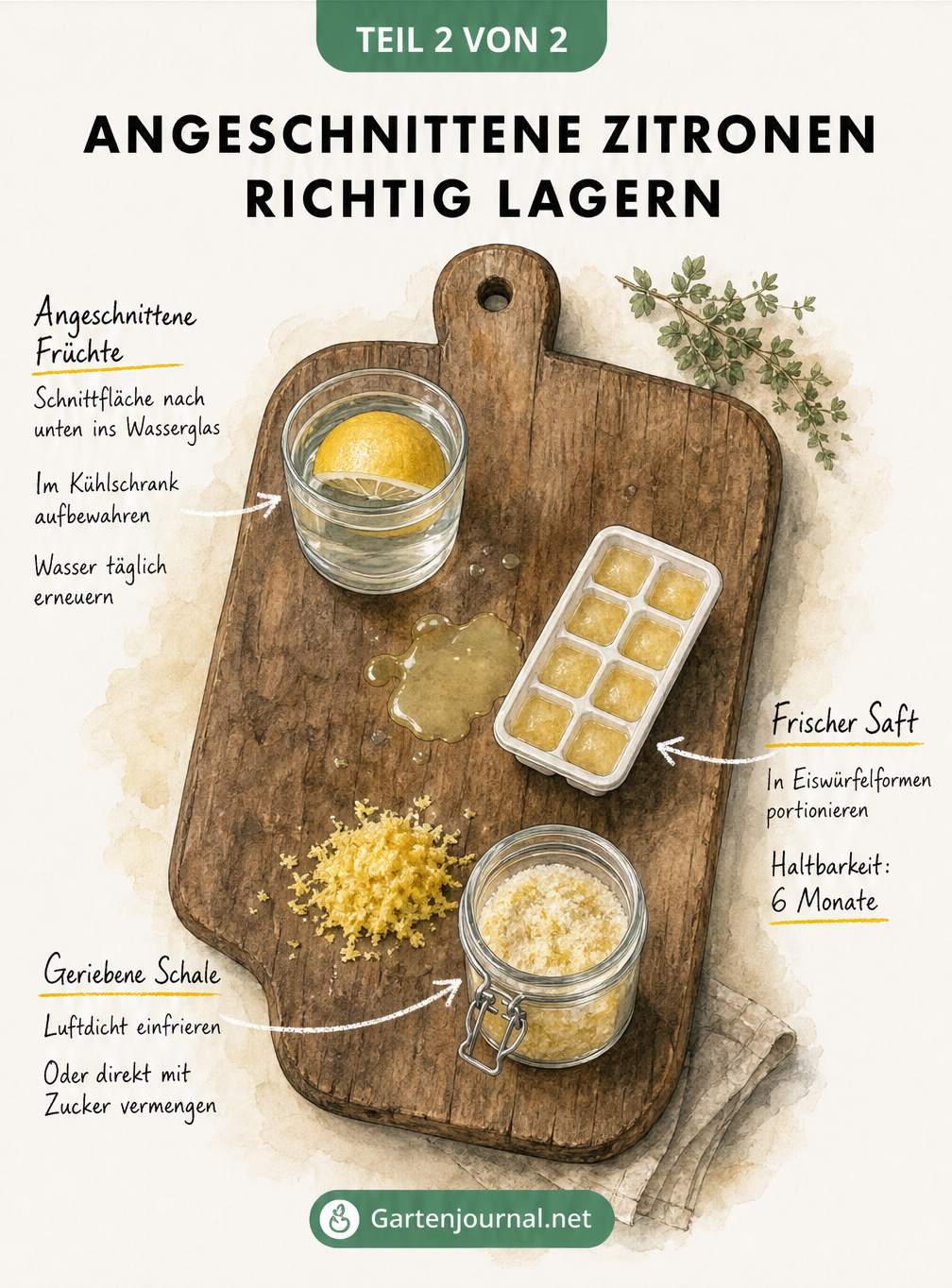 Illustration zur Lagerung von angeschnittenen Zitronen, Zitronensaft und geriebener Zitronenschale