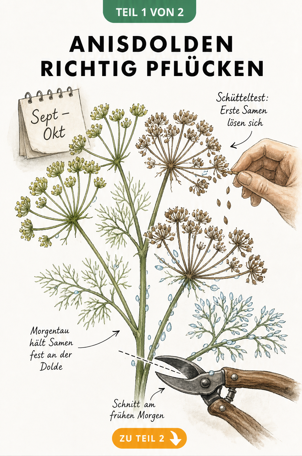 Botanische Illustration einer Anispflanze mit unreifen und reifen Dolden, Schütteltest und Ernte mit Gartenschere am frühen Morgen.