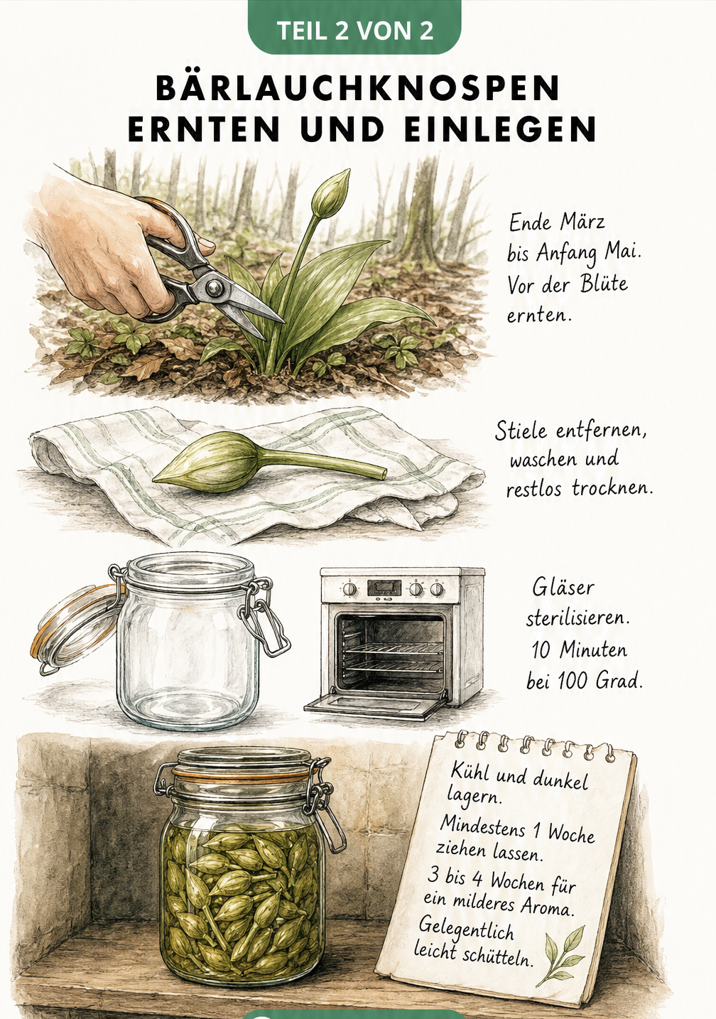 Schritt-für-Schritt-Anleitung zum Ernten, Vorbereiten und Einlegen von Bärlauchknospen