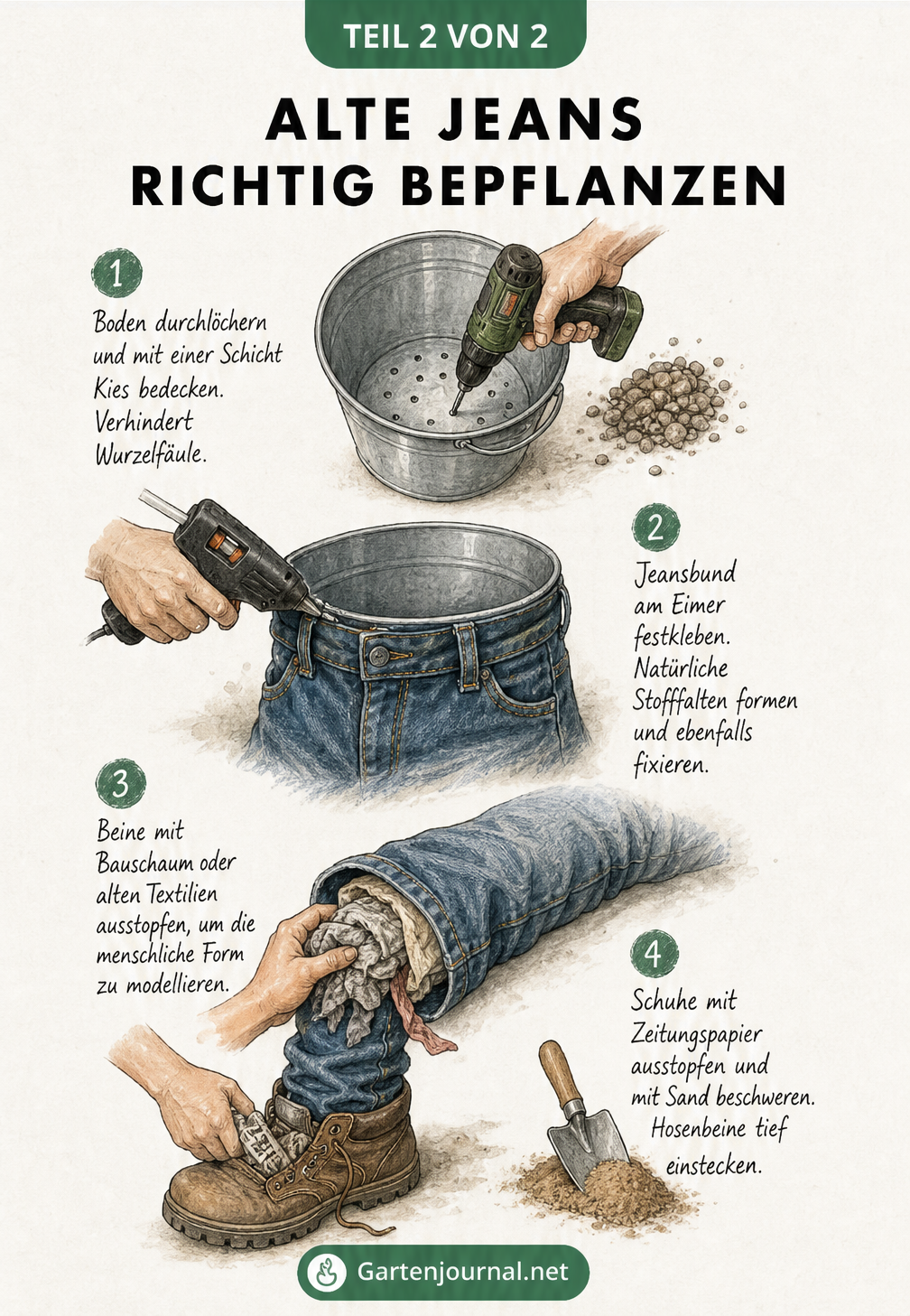 Illustration der vier Schritte zum Bepflanzen einer Jeans: Eimer durchlöchern, Jeansbund festkleben, Beine ausstopfen und in Schuhe stecken